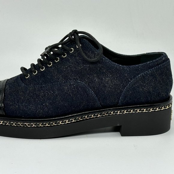 CHANEL 20K Denim Leather Chain Cap Toe Lace Up Oxford Heels Loafers Shoes - Picture 3 of 16